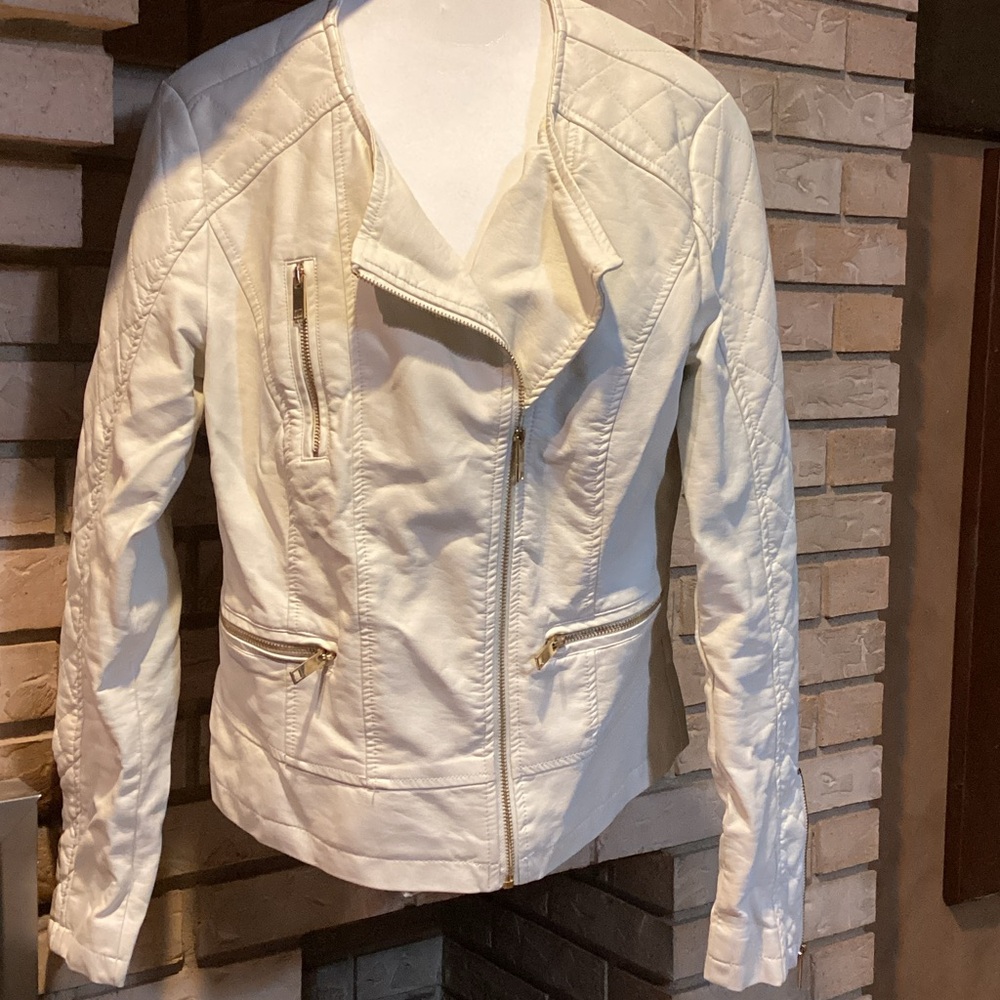 Charlotte Russe Cream Leather look gold, zippers Jacket coat